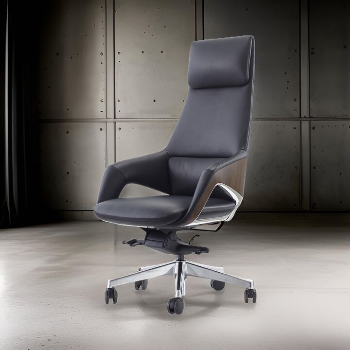 Akon Office Recliner Chair, Adjustable Height,Swivel, Lux Black Leather - Benzara