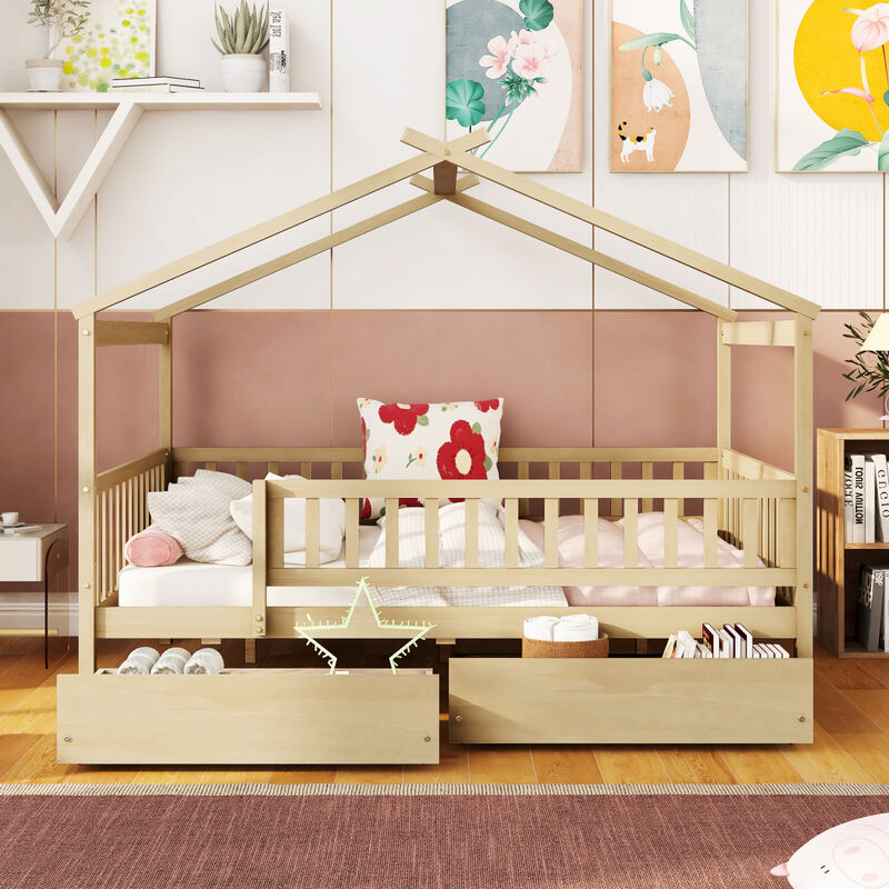 Streamdale Full Size Wooden House Bed With Two Drawers