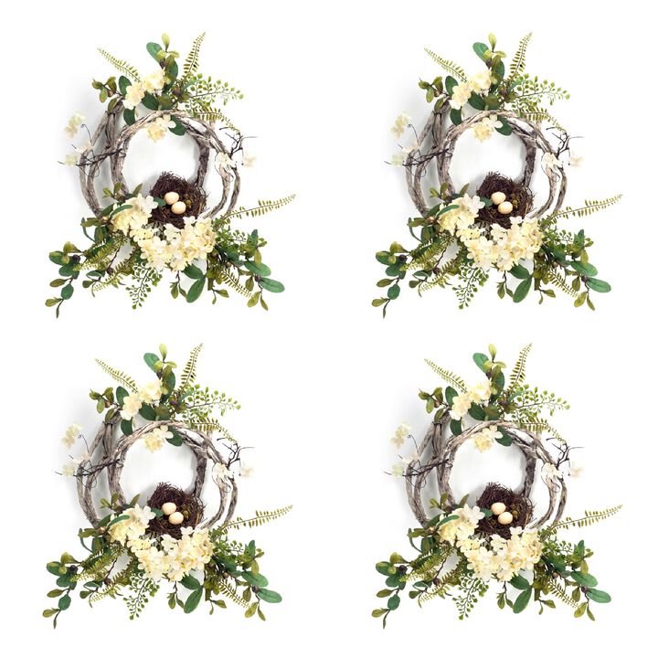 Set of 4 Hydrangea and Bird Nest Wreaths – Charming Floral and Nature-Inspired Décor for Home and Door