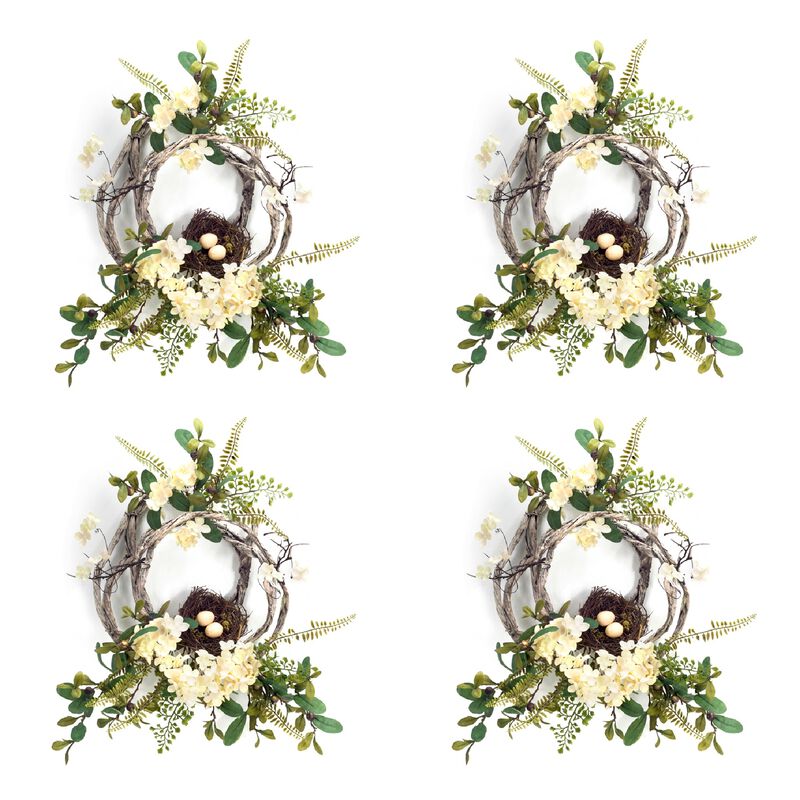 Set of 4 Hydrangea and Bird Nest Wreaths – Charming Floral and Nature-Inspired Décor for Home and Door