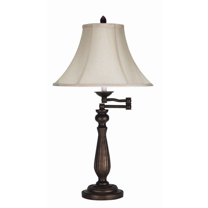 Swing Arm Metal Body Table Lamp with Fabric Bell Shade, Bronze and Beige-Benzara
