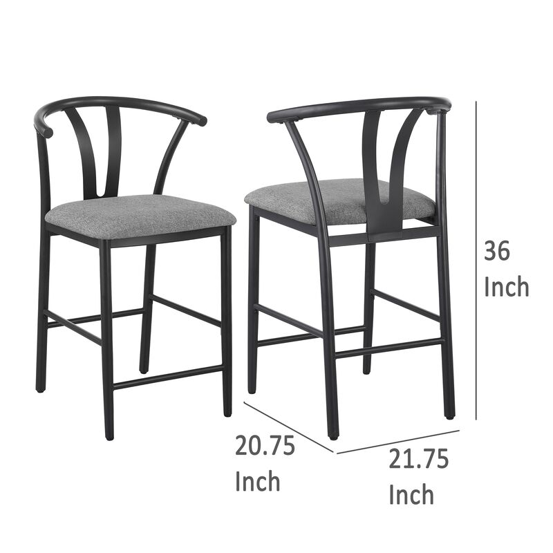 Dola Counter Height Chair Set of 2, Gray Fabric, Black Metal 25 Inch - Benzara