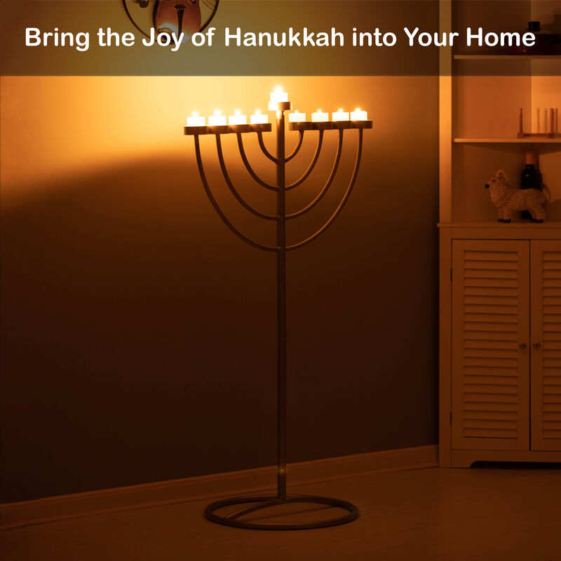 Large Modern Silver 9 Branch Lighting Thin Pipe Hanukkah Menorah, Metal-Aluminum