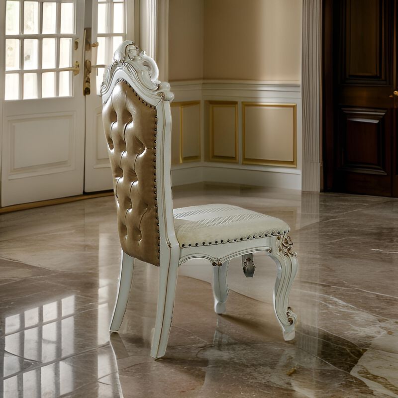 Leatherette Button Tufted Wooden Side Chairs, Set of 2,White and Brown-Benzara
