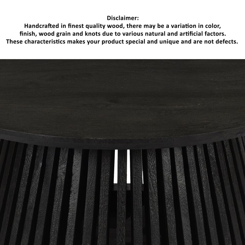 Ridge 32 Inch Handcrafted Round Coffee Table, Mango Wood, Slatted Flared Base, Black-Benzara