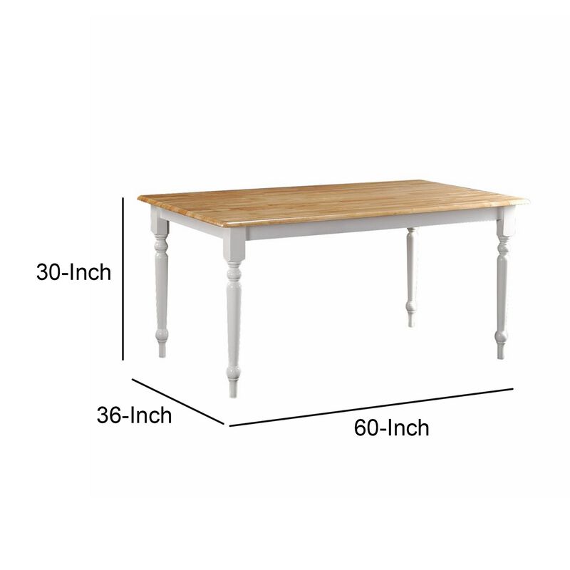 Grained Rectangular Wooden Dining Table with Turned legs, Brown and White-Benzara