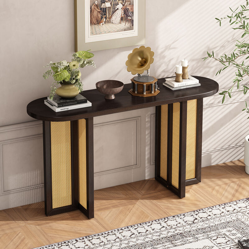 Merax Farmhouse Rattan Console Table for Entryway