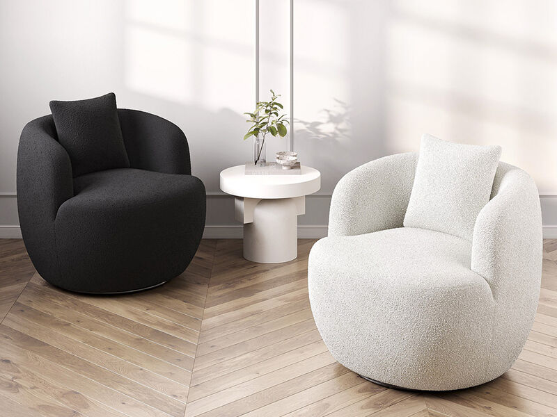 BELLEZE Wide Swivel Barrel Chair, Modern Round Boucle Swivel Armchair Curved Backrest Upholstered 360�Swivel Sofa Accent Chair with Pillow, Comfy Swivel Accent Chair for Living Room -Francisco (Black)