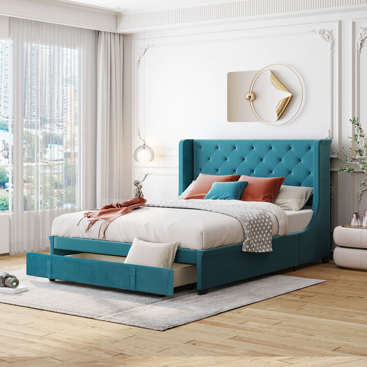 Streamdale Queen Velvet Storage Bed with Wingback Headboard, Drawer