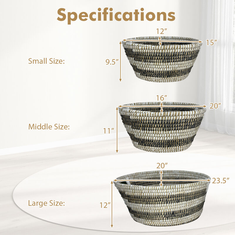 Natural Canes Grass Baskets Stackable Storage Bins Set of 3 with Hollowed Handles