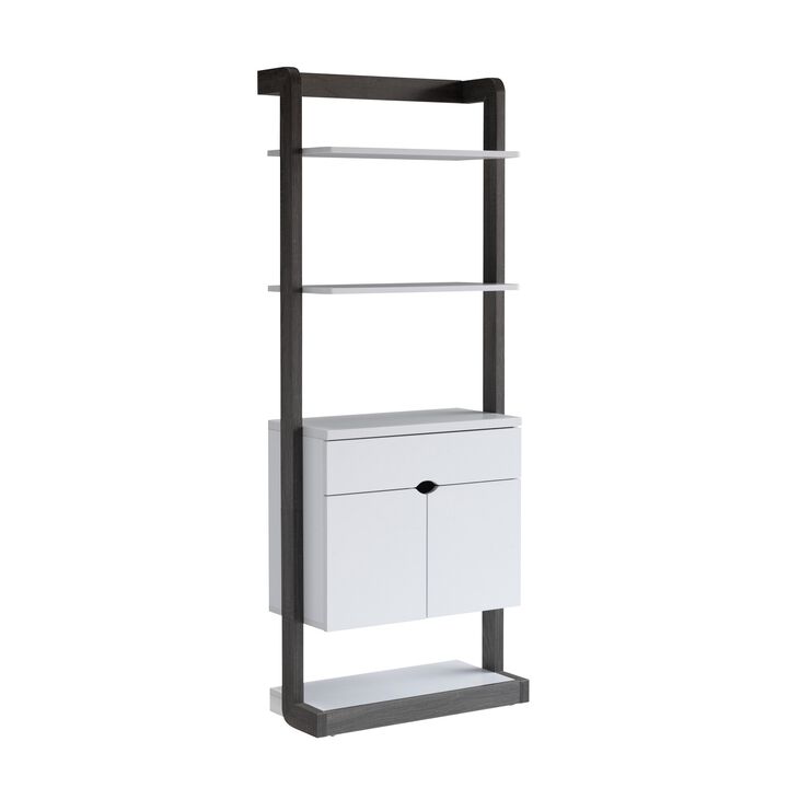 65 Inch Modern Display Cabinet, 4 Shelves, Drawer, Distressed Gray, White - Benzara