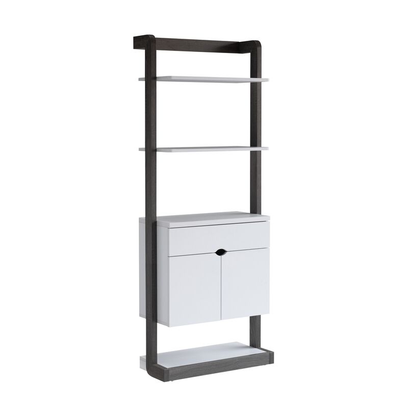 65 Inch Modern Display Cabinet, 4 Shelves, Drawer, Distressed Gray, White - Benzara
