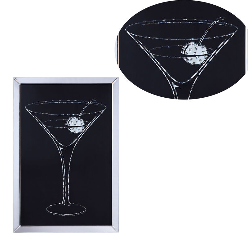 Wood and Mirror Martini Glass Wall Art, Clear and Black-Benzara