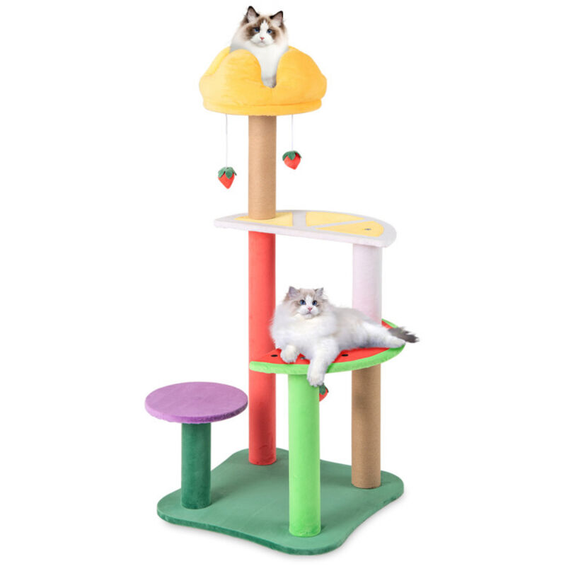Multi-Level Cat Tree with Plush Padded Top Perch and Fruit-Shaped Platforms