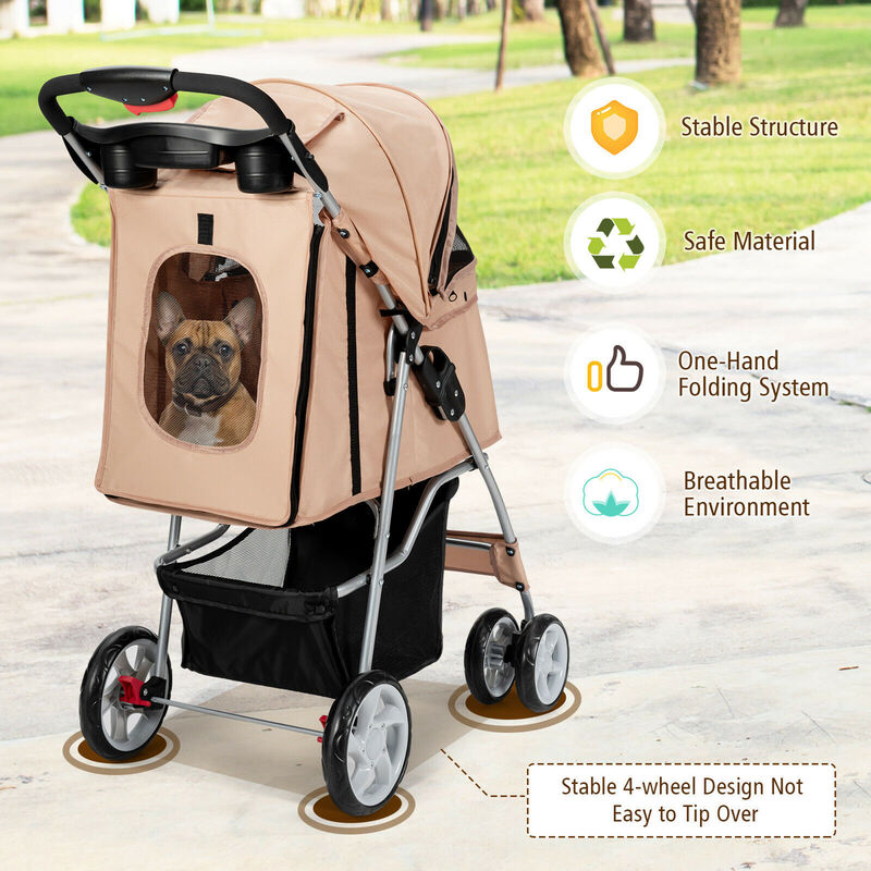 Costway Foldable Pet Stroller 4-Wheel Cat Dog Travel Carrier w/ Storage Basket