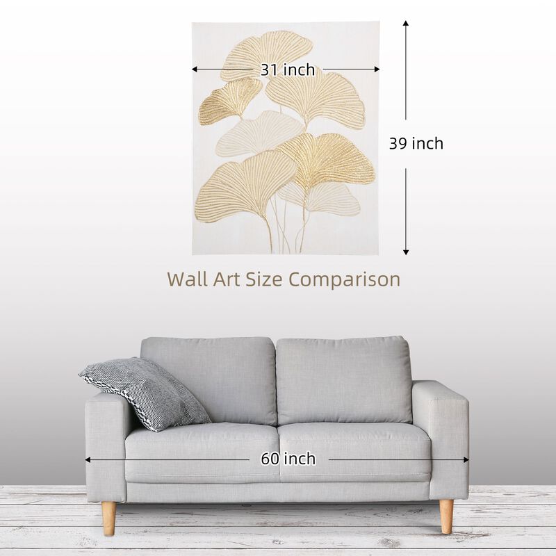 Gold Nature Art: Hand-Painted Ginkgo Leaves Canvas 39.25x31.5