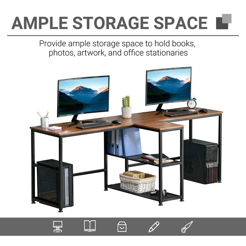Dark Walnut Shared Workspace: 83" Two-Person Desk with Storage Shelves