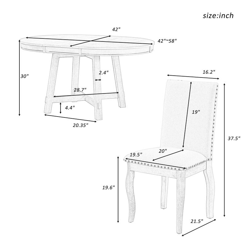 Merax 5-Piece Farmhouse Dining Table Set Wood Round Extendable Dining Table and 4 Upholstered Dining Chairs