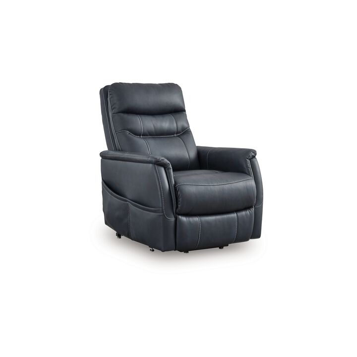 Barrett Power Lift Recliner Chair, Navy Blue Faux Leather, Pillow Back - Benzara