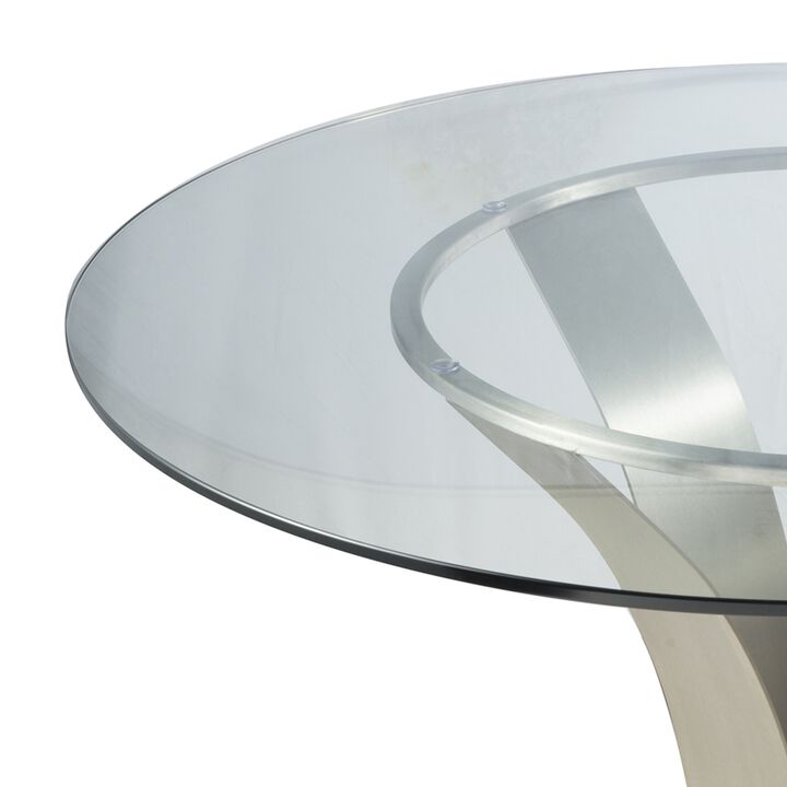 48 Inch Dining Table with Round Glass Top and Metal Base, Chrome-Benzara