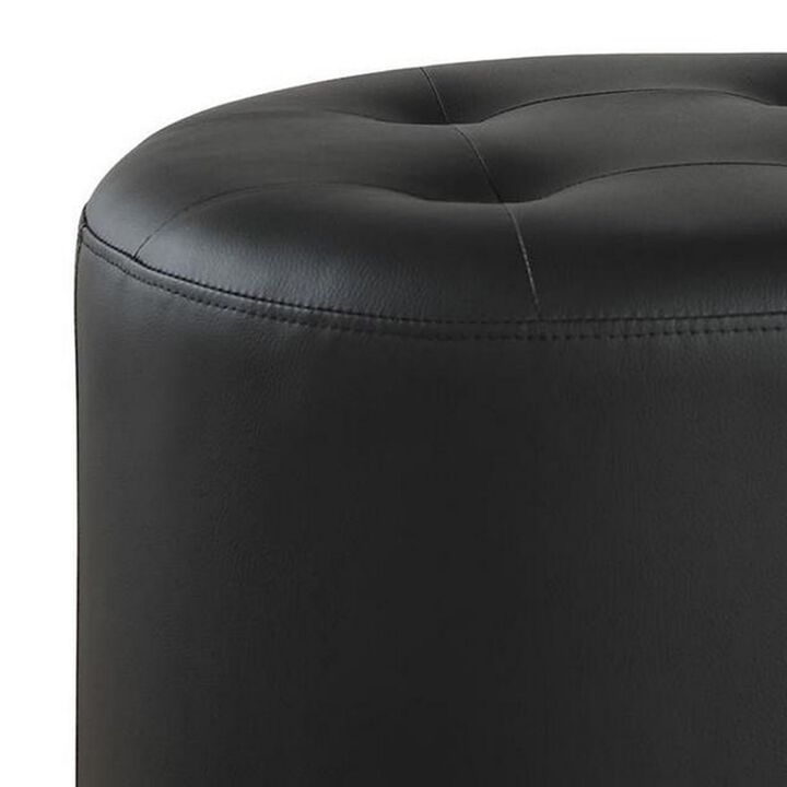 Round Leatherette Swivel Ottoman with Tufted Seat, Black-Benzara