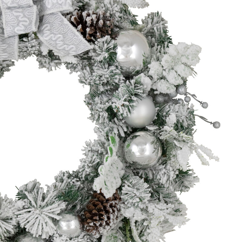 Glitter and Frosted Foliage Artificial Christmas Wreath with Bow  30-Inch  Unlit