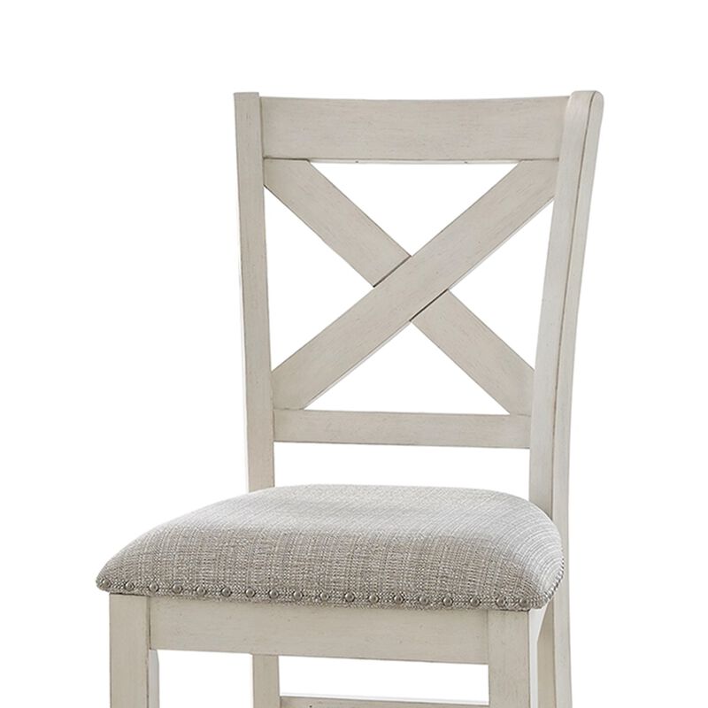 Lea Counter Height Chair Set of 2, White Solid Wood, Gray Polyester - Benzara