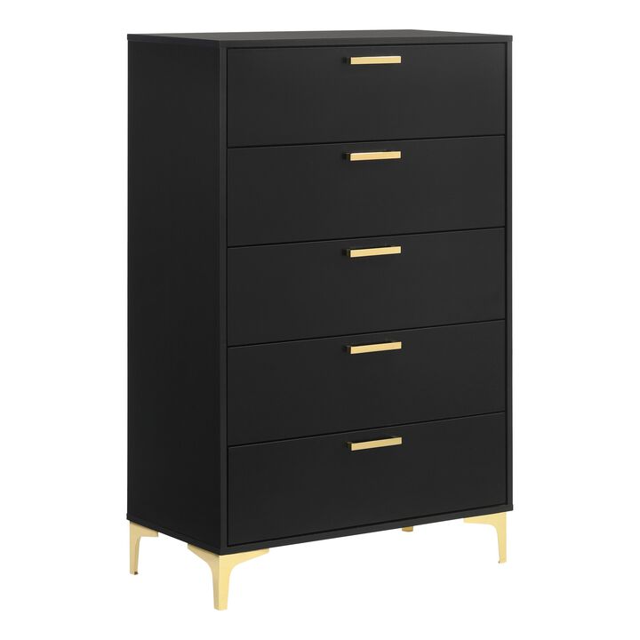 Lif 50 Inch Modern 5 Drawer Tall Dresser Chest, Gold Accents, Smooth Black-Benzara Lif 50 Inch Modern 5 Drawer Tall Dresser Chest, Gold Accents, Smooth Black-Benzara