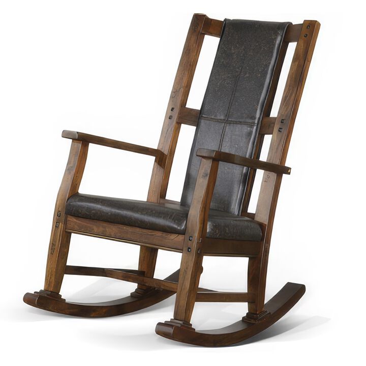 Jenne Rocking Chair, Faux Leather Seat and Back, Antique Dark Brown - Benzara