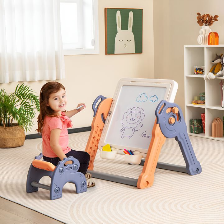 6-In-1 Folding Kids Art Easel with Reversible Building Block Tabletop