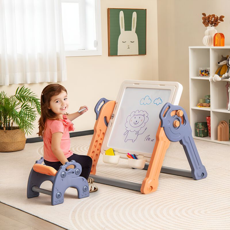 6-In-1 Folding Kids Art Easel with Reversible Building Block Tabletop
