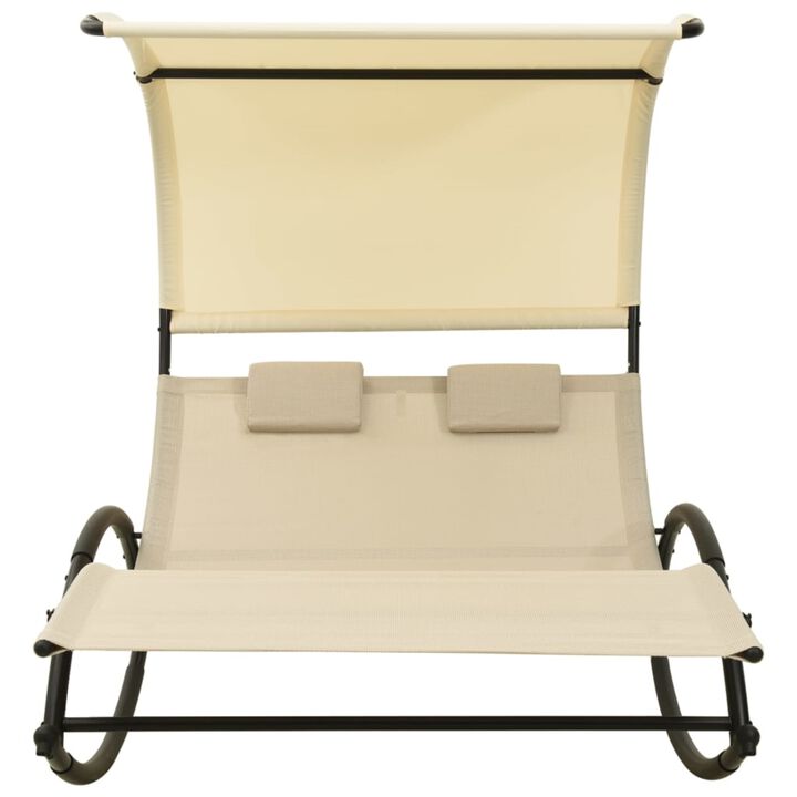 vidaXL Double Sun Lounger with Canopy - Cream Textilene Fabric - Steel Frame - Comfortable Outdoor Furniture with Pillows