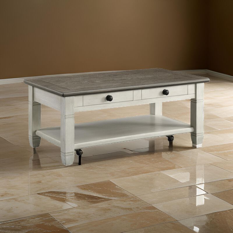 Rome 48 Inch Cocktail Coffee Table, 2 Drawers, White and Brown, Solid Wood - Benzara