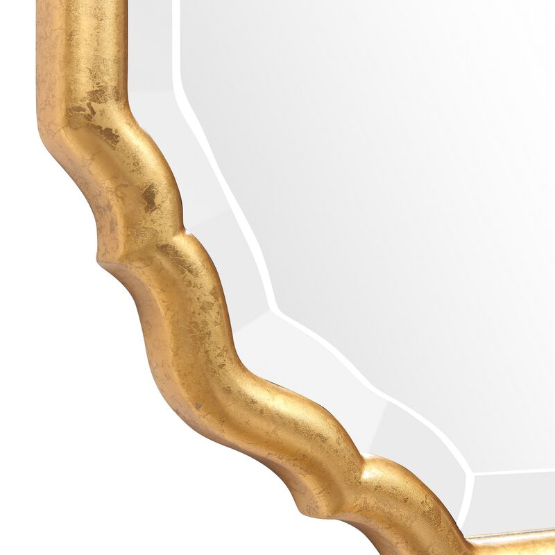 32 Inches Curved Design Wooden Vanity Mirror, Gold - Benzara