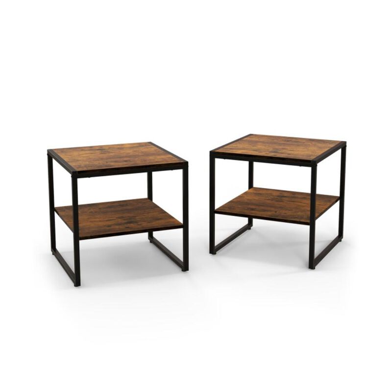 Hivvago 2 Pieces Industrial 2-Tier Side Table Set with Open Shelf-Rustic Brown
