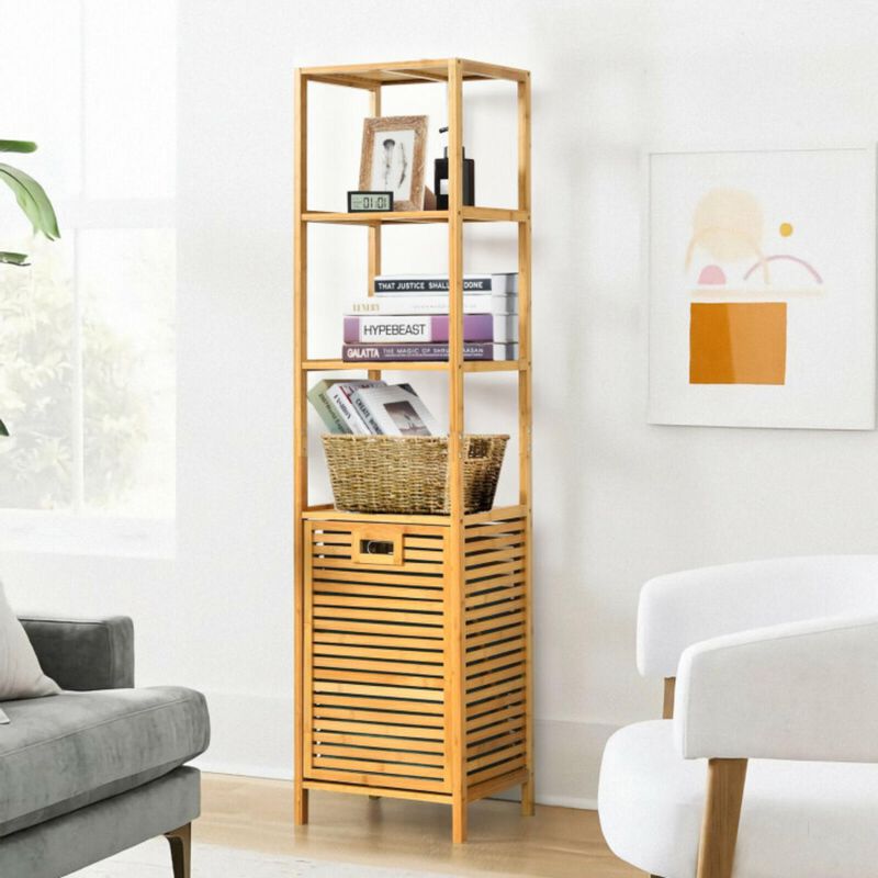 Hivvago Bamboo Tower Hamper Organizer with 3-Tier Storage Shelves