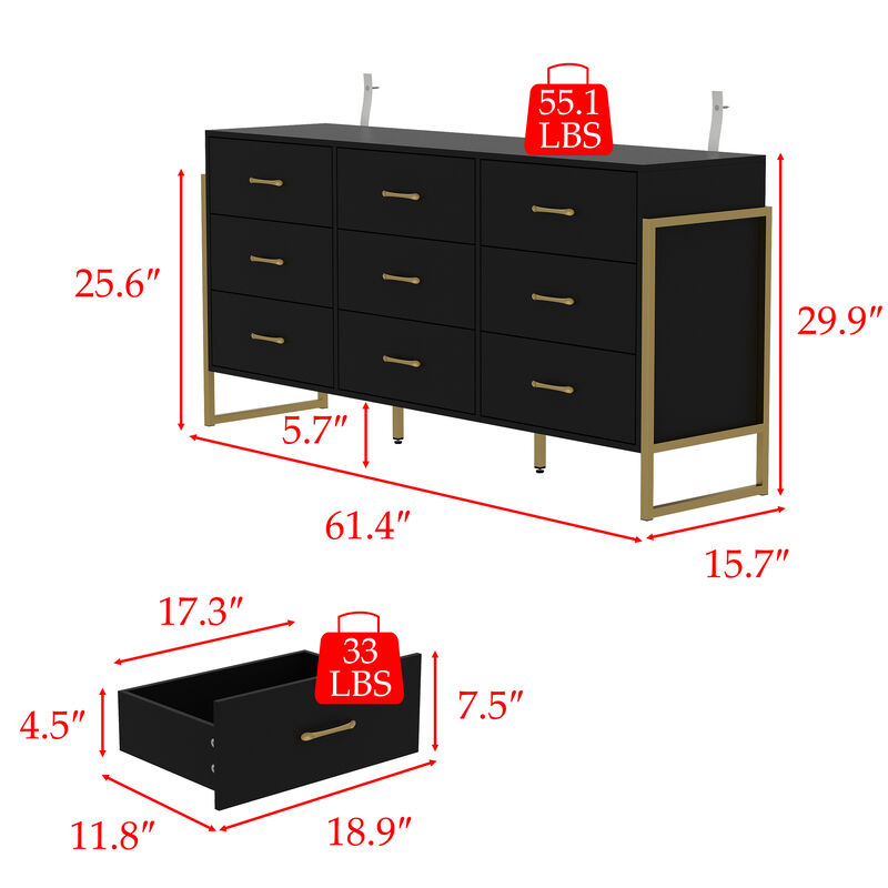 Black Wood 9 Big Drawers 61.4 in. W Dresser With Metal Frame Legs