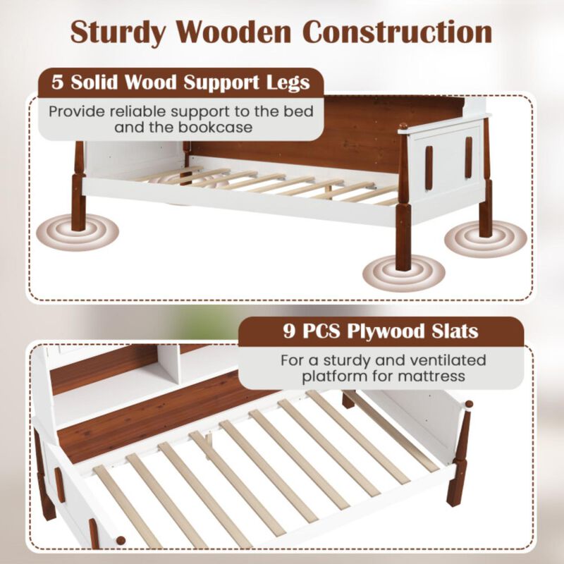 Hivvago Twin Bed with Bookcase with Shelves and  Wooden Slat Support No Box Spring Needed for Living Room Bedroom