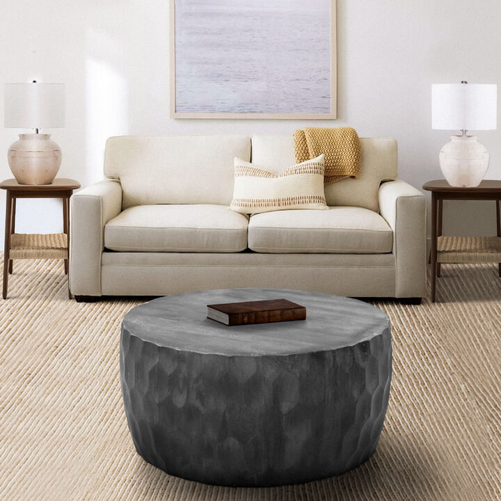 Val 34 Inch Handcrafted Mango Wood Coffee Table, Hammered Round Drum Shape, Honeycomb, Rustic Gray-Benzara