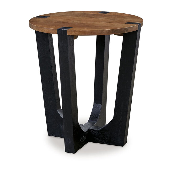 Leyi Round Side End Table, Black Angled Legs, 22 Inch Brown Mango Wood - Benzara