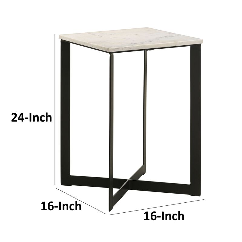 Sovi 24 Inch Side End Table, Square Marble Top, Black Metal Frame, White - Benzara