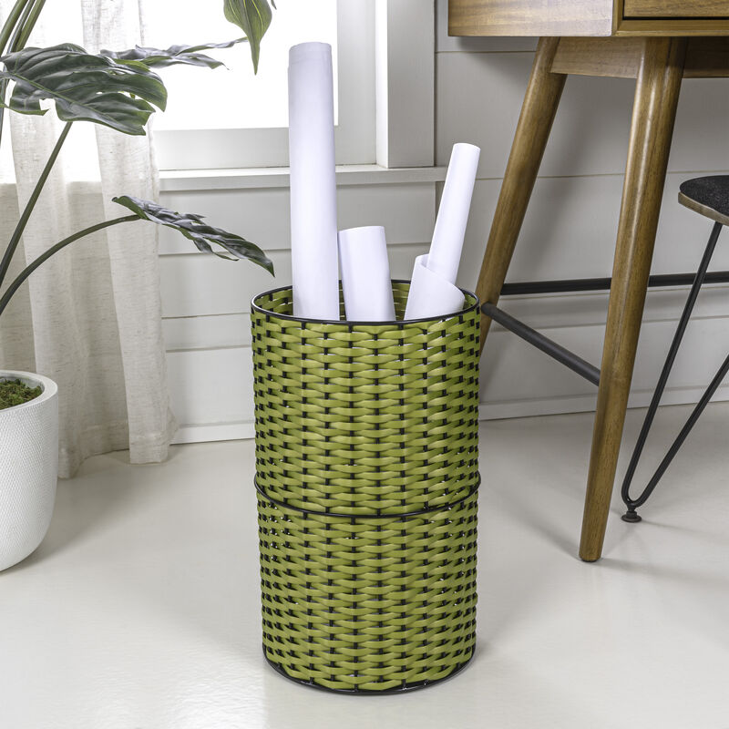 Cecil Modern Faux Wicker Cylinder Waste Basket