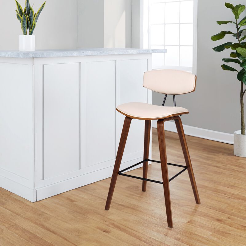 28.5 Inches Contoured Seat Leatherette Barstool, Cream - Benzara
