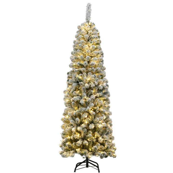 Pre-lit Snow Flocked Artificial Pencil Christmas Tree for Elegant, Space-Saving Holiday Decor with a Wintery Touch