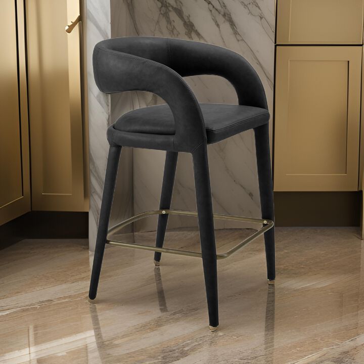 Cid Taya 26 Inch Counter Stool Chair, Curved Open Back, Black Faux Leather - Benzara
