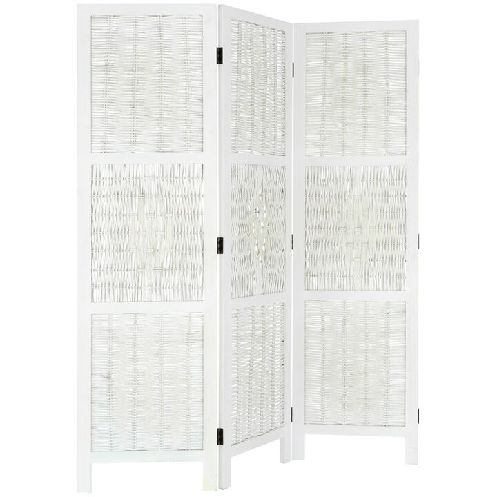 Legacy Decor 3 Panels Screen Room Divider Wicker and Wood White Color Diamond Design
