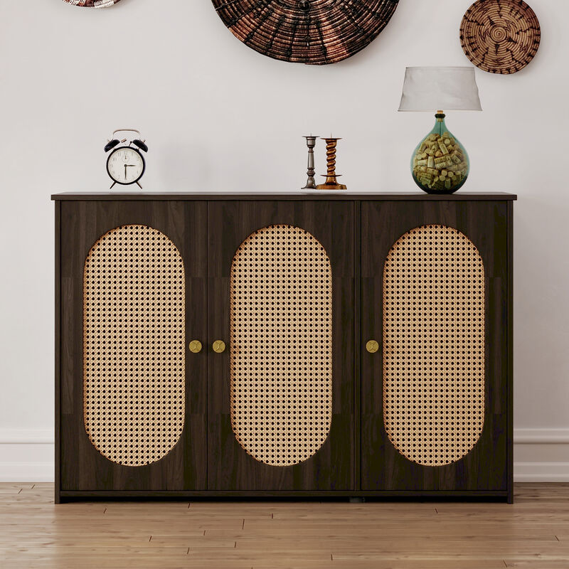 Clihome Retro 3-Door Sideboard with Large Storage Space Artificial Rattan Doors and Metal Handles, Accent Cabinet for Living Room and Hallway (Brown)