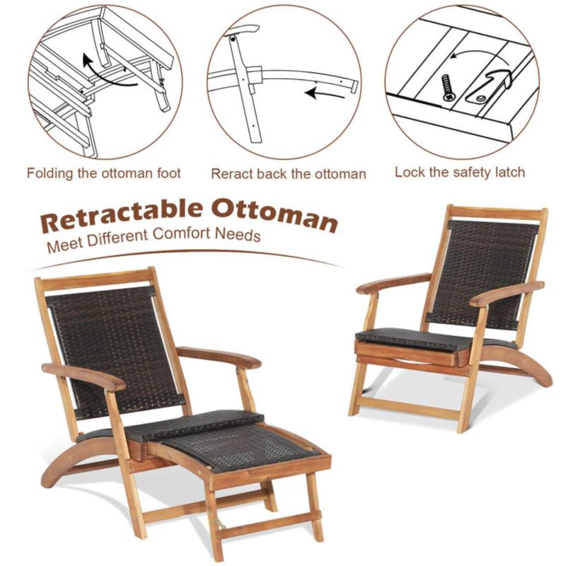 Hivvago 2 Pieces Patio Rattan Folding Lounge Chair with Acacia Wood Table