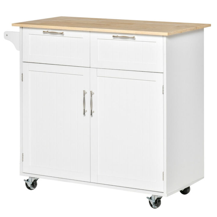 White Kitchen Island: 41" Rolling Cart with Rubberwood Top and Drawers
