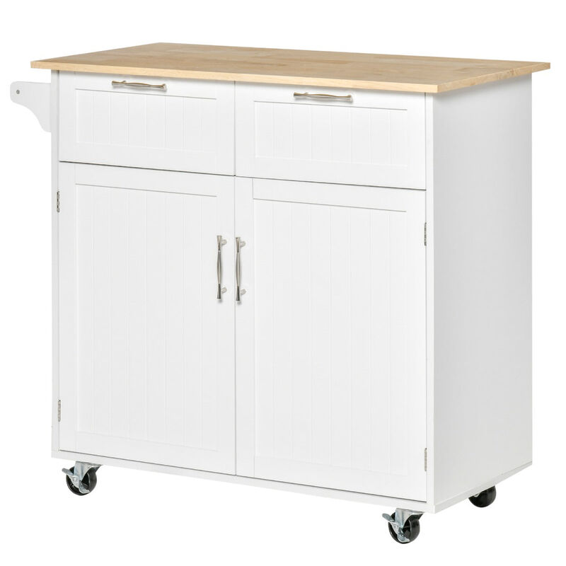 White Kitchen Island: 41" Rolling Cart with Rubberwood Top and Drawers